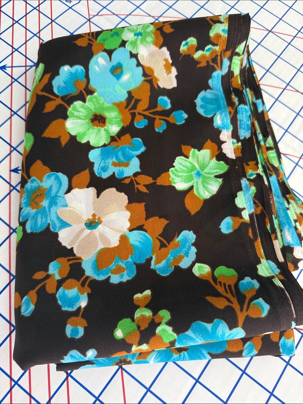 Vintage 1970s Floral Polyester Fabric 4 Yards x 44” Brown Turquoise Green